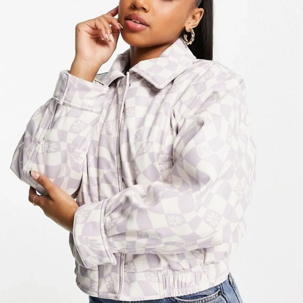 NWT- ASOS * Printed Faux Leather Bomber Jacket in Lilac * Size 12 - Picture 4 of 13